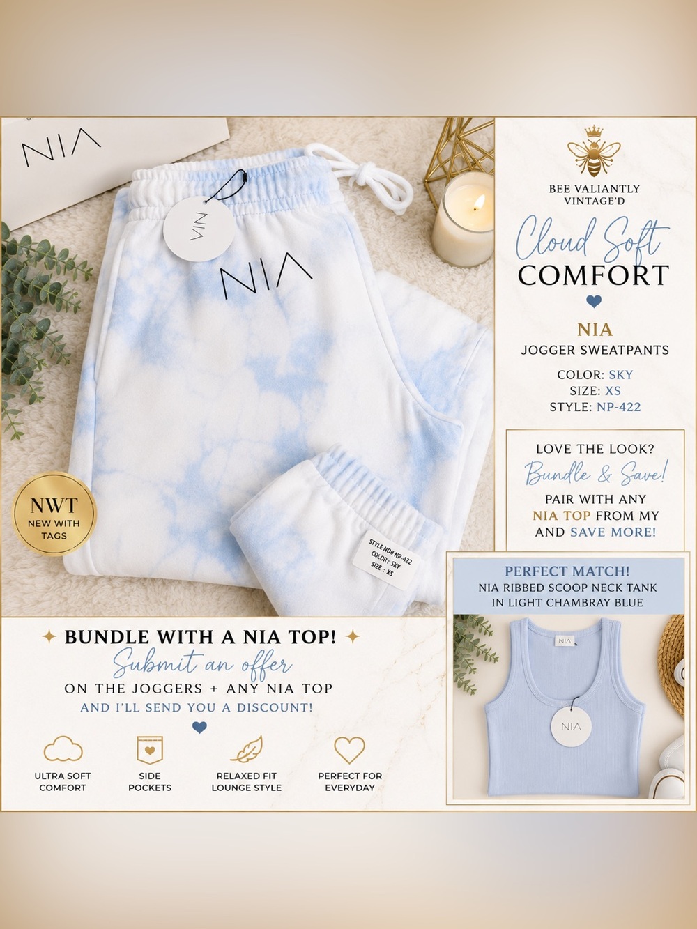 NWT NIA Sky Cloud Wash Jogger Sweatpants White Blue XS Lounge Athleisure
